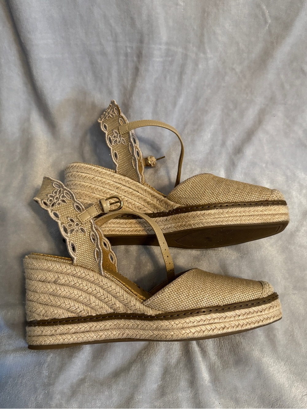 Crown Vintage Beige Espadrille Wedge Sandals with Scalloped Ankle Strap